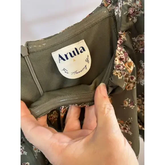 Arula Floral Cottagecore Dress Puff Sleeve Milkmaid Tie Front Green 1X estimated - Picture 7 of 11